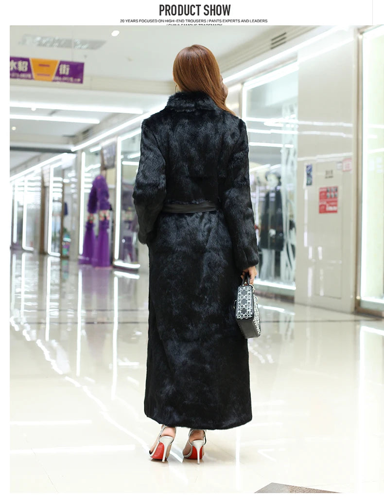 New Real genuine natural rabbit fur coat women's stand collar X-long fashion fur jacket outwear custom any size