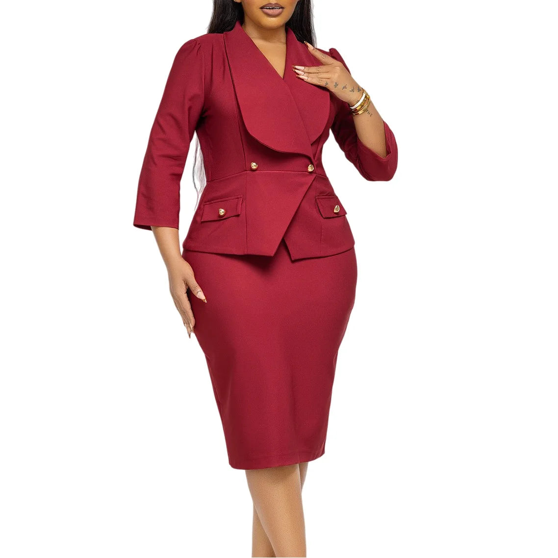 D604 Custom LOGO Career Dresses Big Collar 3/4 Sleeve Slim Waist Office Lady Dress Elegant African Dresses for Women Clothing