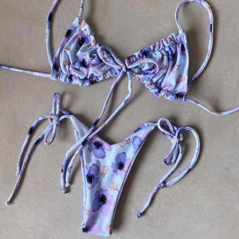 Sexy Printed Ruffled Frilled Thong Bikini Women Swimwear Female Swimsuit Two Pieces Bikini set Micro String Bathing Suit Swim