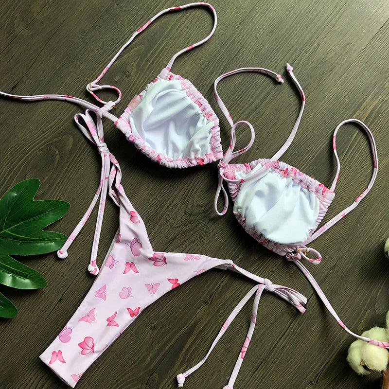 Sexy Printed Ruffled Frilled Thong Bikini Women Swimwear Female Swimsuit Two Pieces Bikini set Micro String Bathing Suit Swim