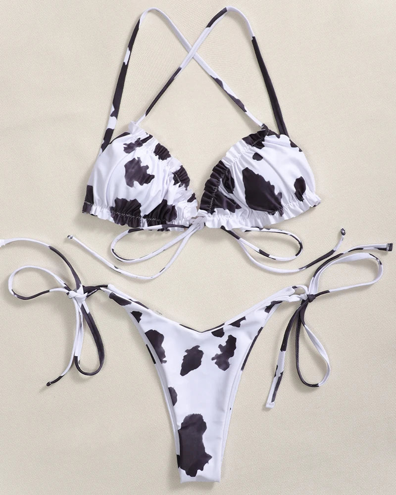 Sexy Printed Ruffled Frilled Thong Bikini Women Swimwear Female Swimsuit Two Pieces Bikini set Micro String Bathing Suit Swim