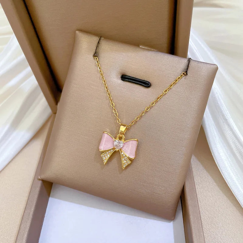 Drip Oil Bow Light Luxury Temperament Gorgeous Full Diamond Necklace Women's Versatile Collarbone Chain Titanium Steel Chain