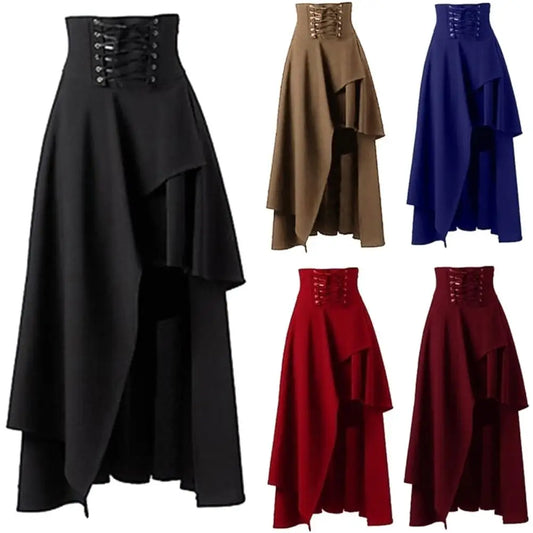 HOT SALES！！！Steampunk Vintage Women Solid Color Lace Up High Waist Irregular Maxi Skirt Wholesale Dropshipping