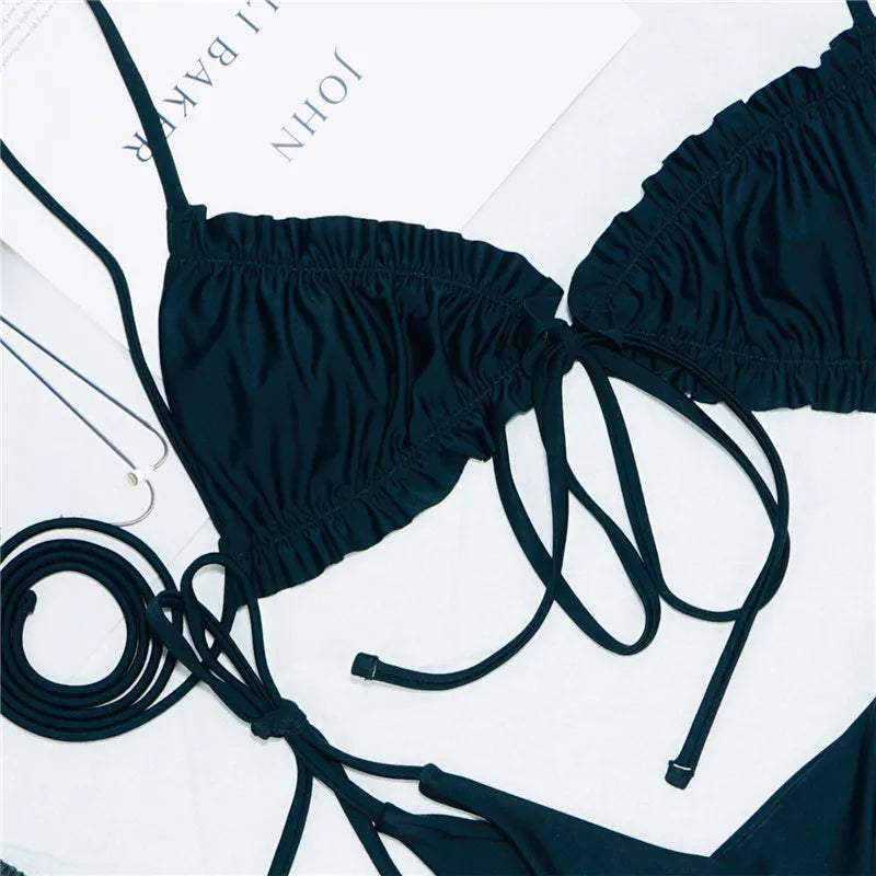 Sexy Printed Ruffled Frilled Thong Bikini Women Swimwear Female Swimsuit Two Pieces Bikini set Micro String Bathing Suit Swim