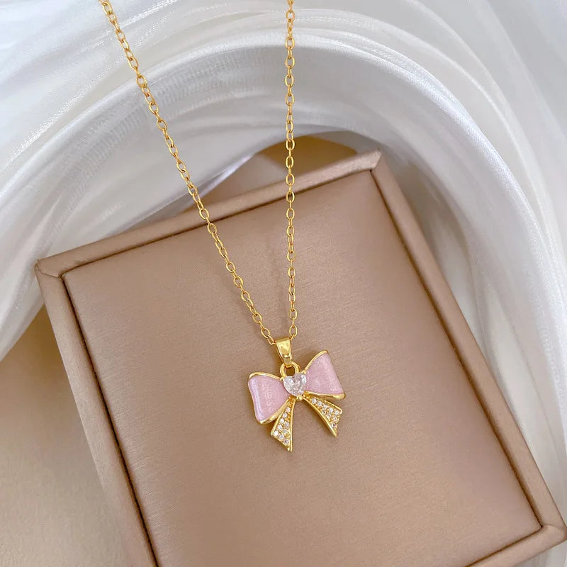 Drip Oil Bow Light Luxury Temperament Gorgeous Full Diamond Necklace Women's Versatile Collarbone Chain Titanium Steel Chain