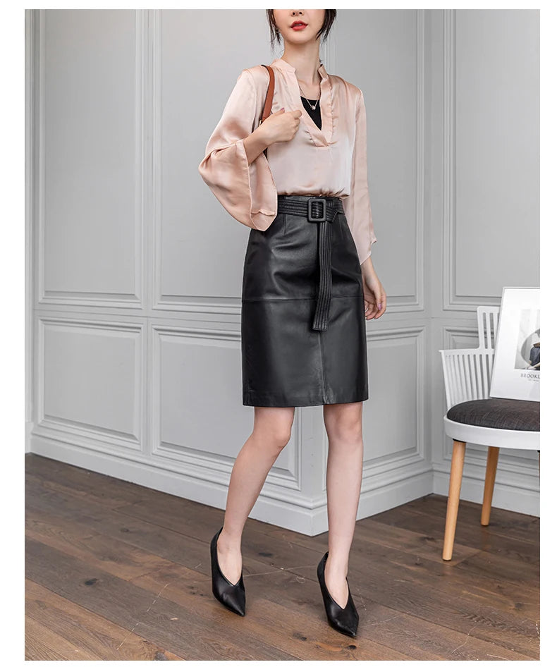 Women Lace-up Genuine Leather Skirt Female Winter Pure Sheep Skin Knee Length Saias With Belt Feminina Neat Stitches Wrap Jupe