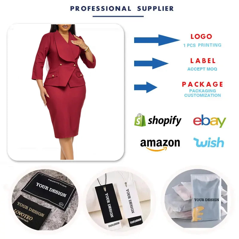D604 Custom LOGO Career Dresses Big Collar 3/4 Sleeve Slim Waist Office Lady Dress Elegant African Dresses for Women Clothing