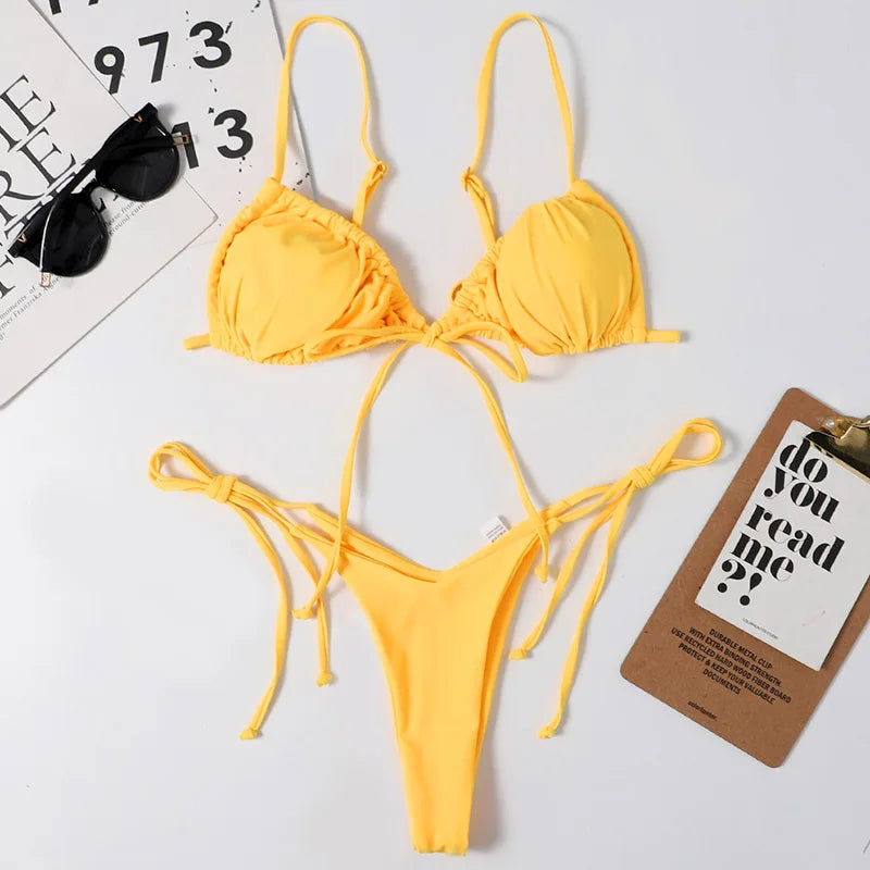 Sexy Printed Ruffled Frilled Thong Bikini Women Swimwear Female Swimsuit Two Pieces Bikini set Micro String Bathing Suit Swim