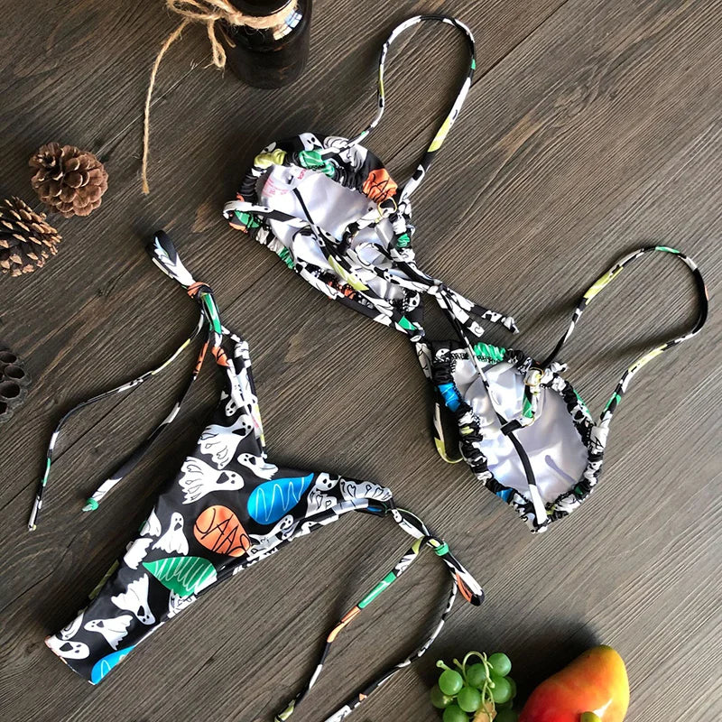 Sexy Printed Ruffled Frilled Thong Bikini Women Swimwear Female Swimsuit Two Pieces Bikini set Micro String Bathing Suit Swim