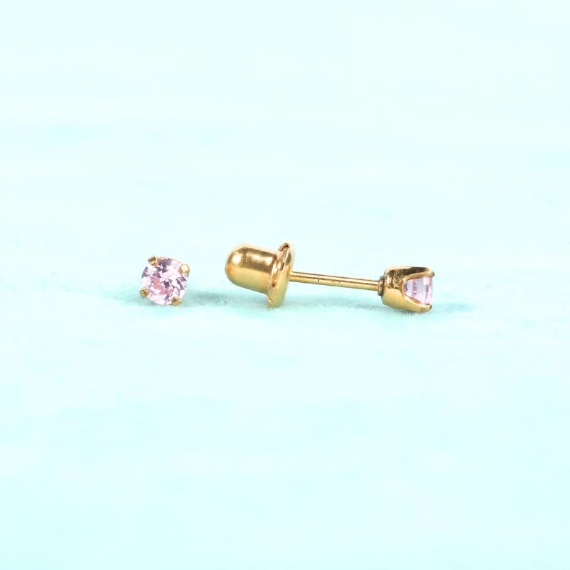 Eardots 24K Gold Plated 3mm Pink Zircon 316L Stainless Steel Stud Earrings Trendy Anti-Allergic Design Anniversary Occasions