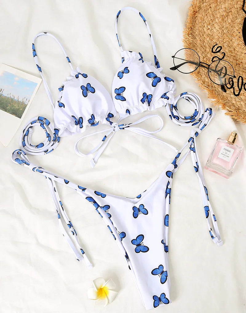 Sexy Printed Ruffled Frilled Thong Bikini Women Swimwear Female Swimsuit Two Pieces Bikini set Micro String Bathing Suit Swim