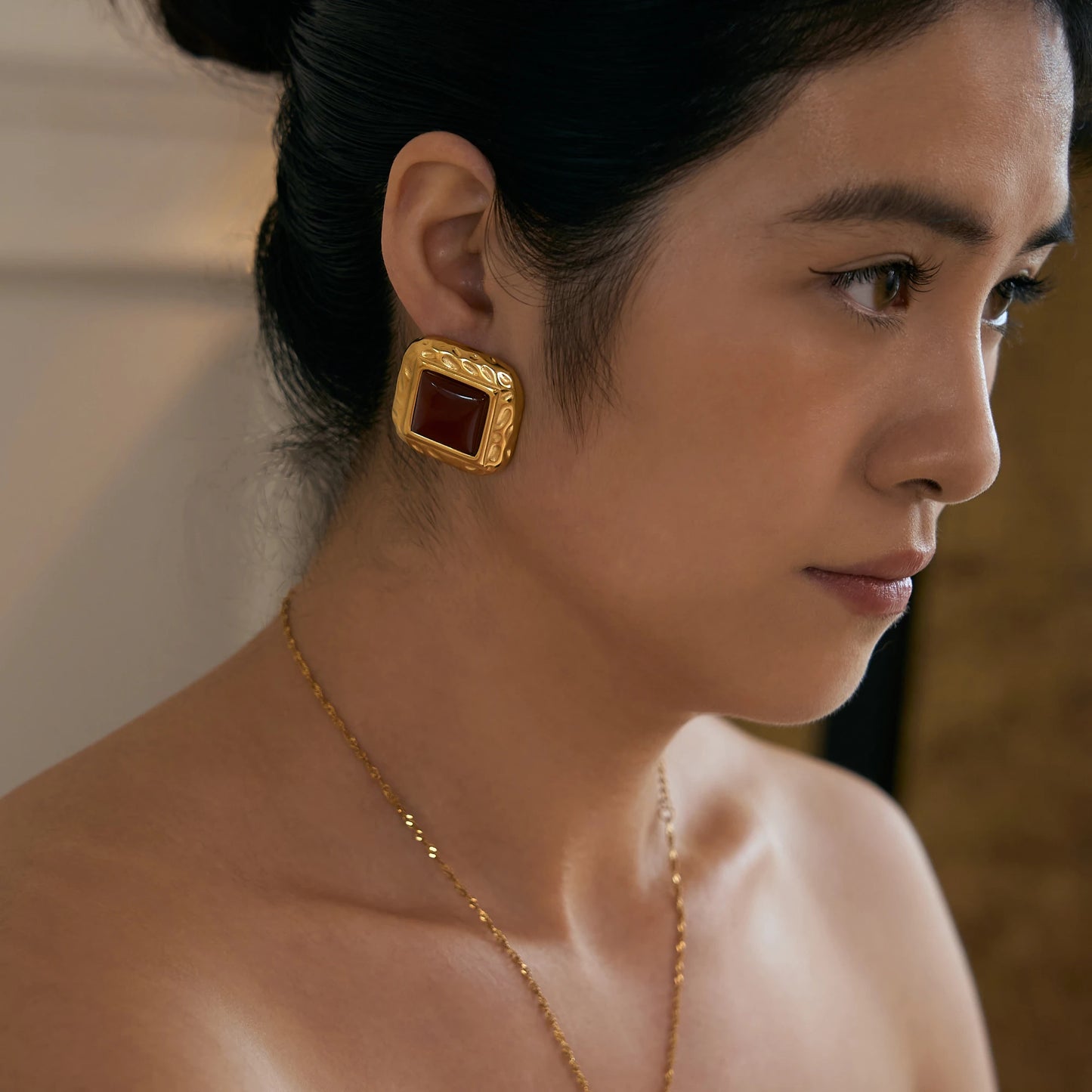 Myneck Vintage Lava Square Large Stone Earrings 18K Gold Plated Stainless Steel Fashionable Girl's Jewelry-Christian Gift