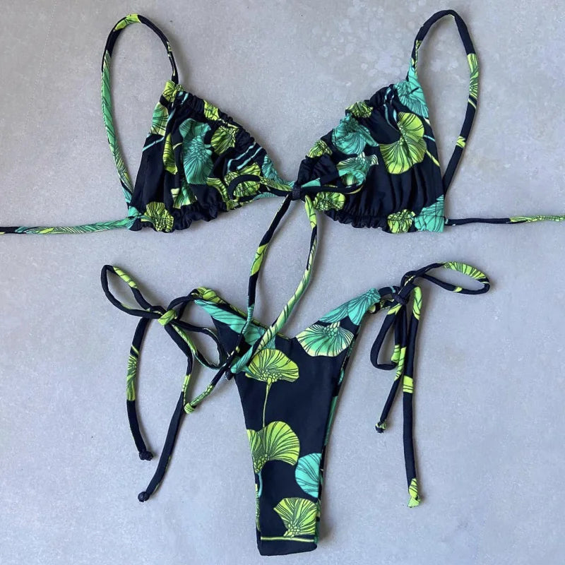 Sexy Printed Ruffled Frilled Thong Bikini Women Swimwear Female Swimsuit Two Pieces Bikini set Micro String Bathing Suit Swim