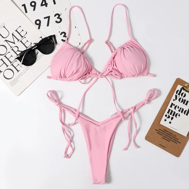 Sexy Printed Ruffled Frilled Thong Bikini Women Swimwear Female Swimsuit Two Pieces Bikini set Micro String Bathing Suit Swim