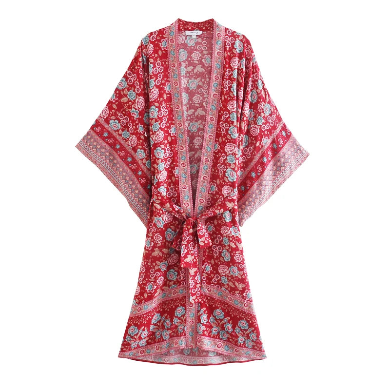 Happie Queens Vintage Floral Print Sashes Women Bohemian V Neck Batwing Sleeves  Happie Blouses  Robe Kimono Cover-ups
