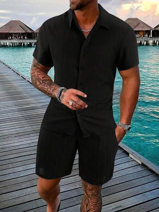 2023 European American Cross-Border Summer Men's Print Shirt Shorts Beach Set Casual Loose Short Sleeve