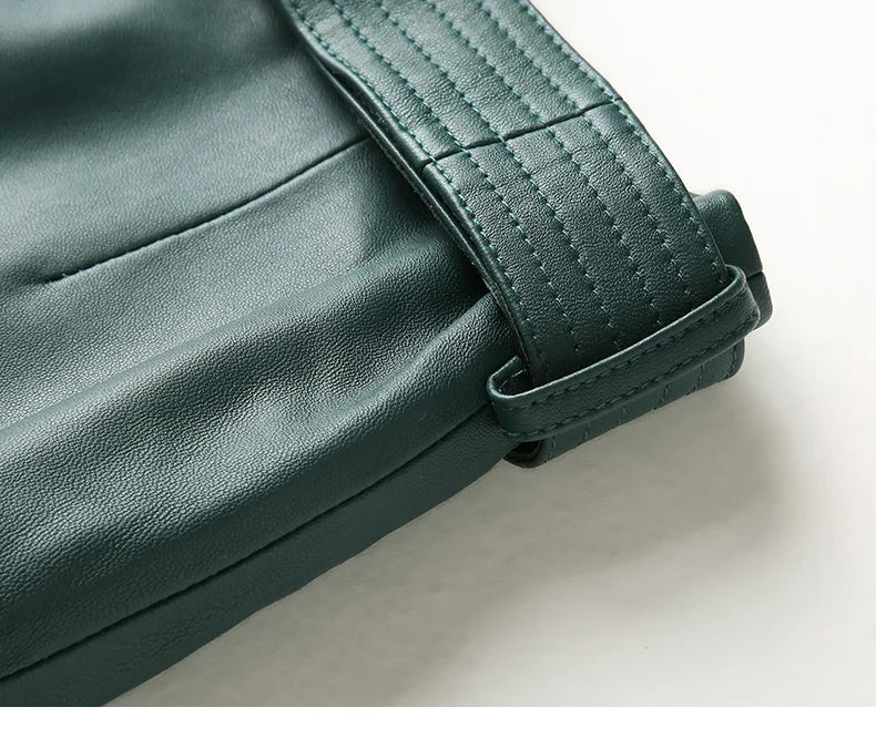 Women Lace-up Genuine Leather Skirt Female Winter Pure Sheep Skin Knee Length Saias With Belt Feminina Neat Stitches Wrap Jupe