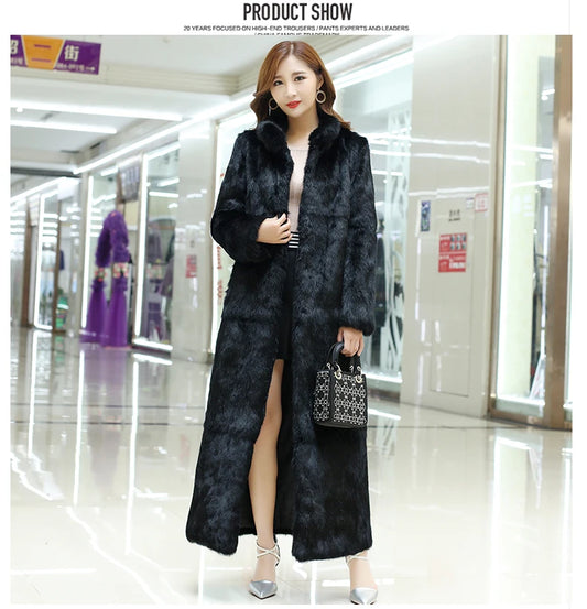New Real genuine natural rabbit fur coat women's stand collar X-long fashion fur jacket outwear custom any size