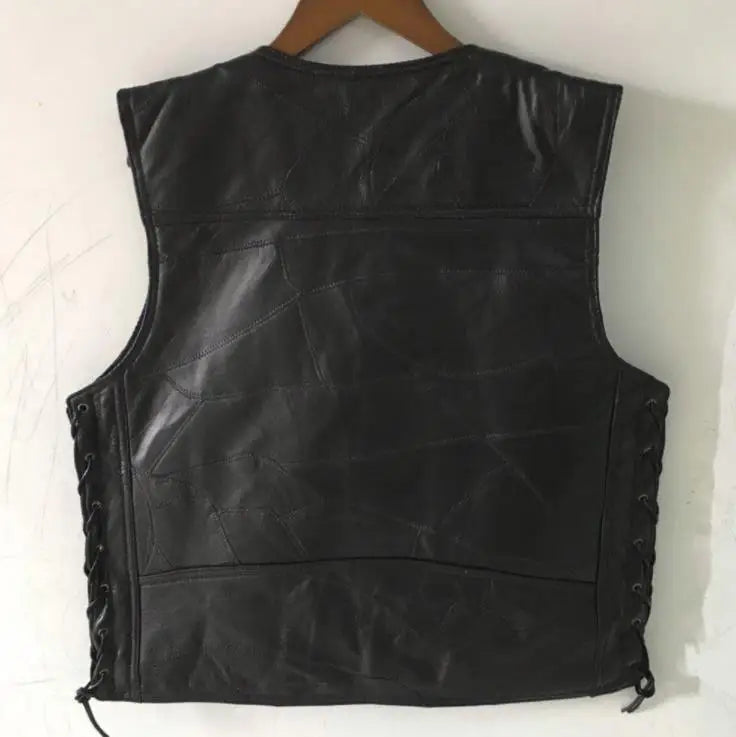 BONJEAN Brand Mens Side Laces Adjustable Black Leather Motorcycle Vest MC Biker Vests Soft Sheepskin US S-4XL