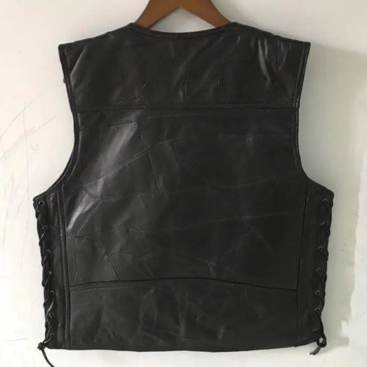 BONJEAN Brand Mens Side Laces Adjustable Black Leather Motorcycle Vest MC Biker Vests Soft Sheepskin US S-4XL