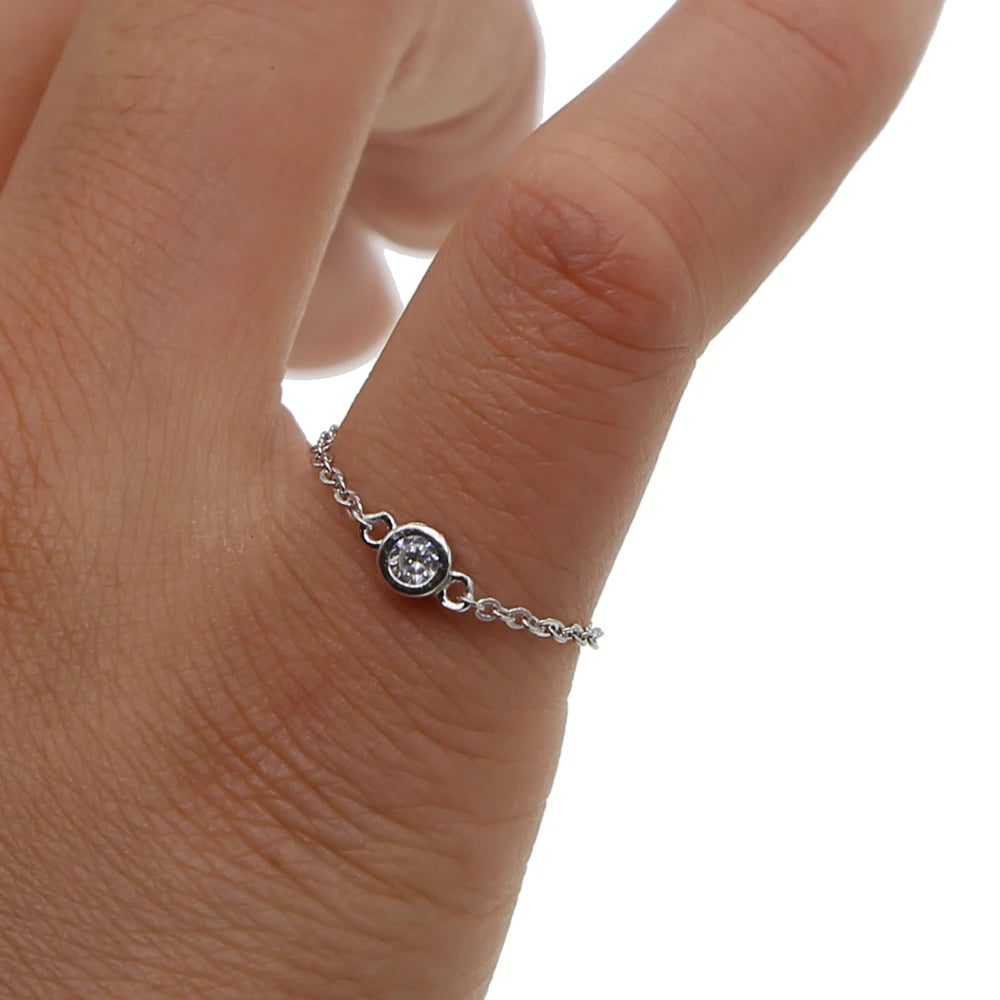 delicate dainty chain rings 100% 925 sterling silver single stone cz sparking simple women girl #5-#8 silver chain cz ring