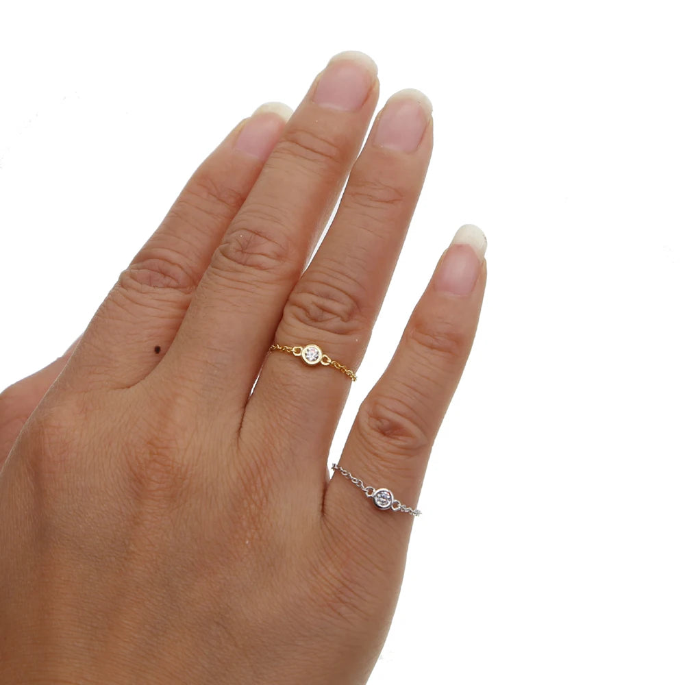 delicate dainty chain rings 100% 925 sterling silver single stone cz sparking simple women girl #5-#8 silver chain cz ring