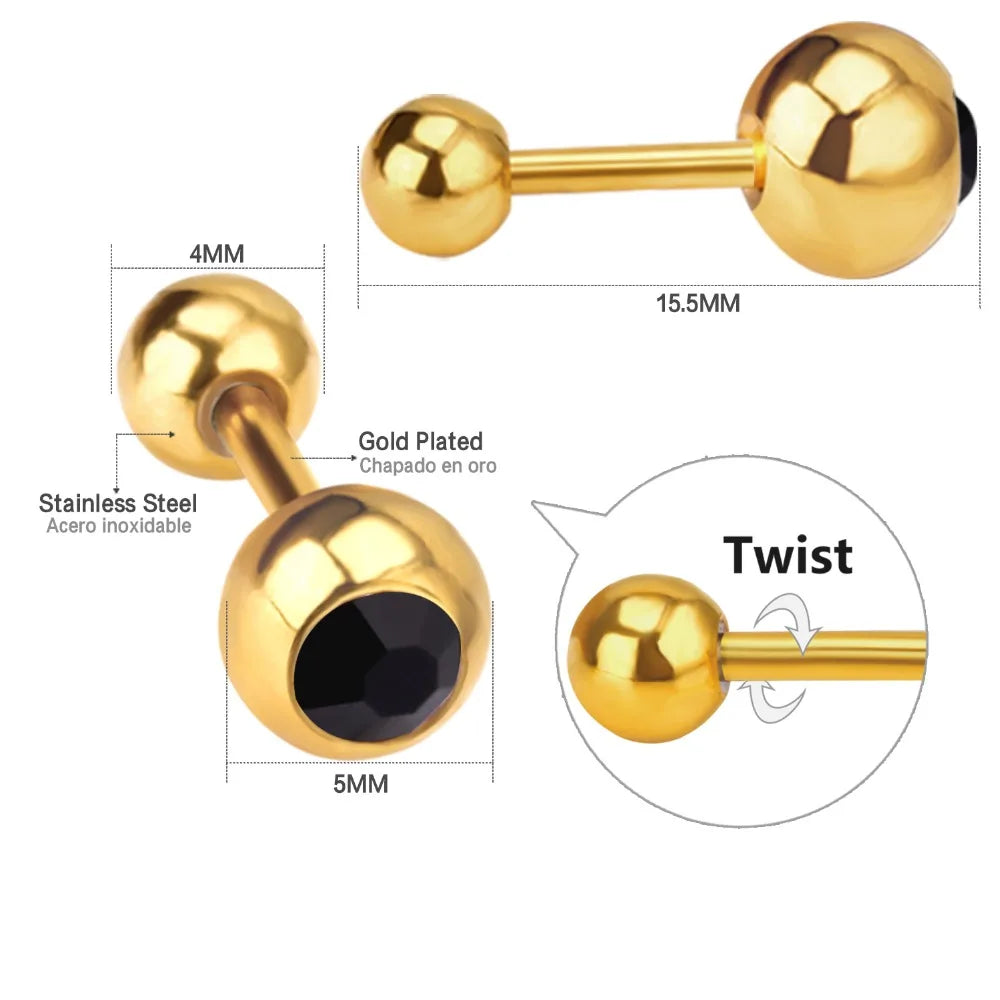 LUXUSTEEL Crystal Earrings For Women Men Gold Color Stainless Steel Round CZ Stud Earring Anti-allergy Screw Back Aretes