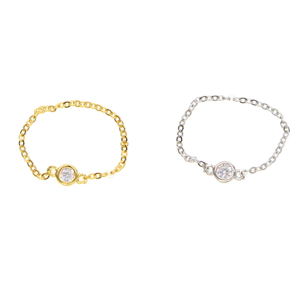 delicate dainty chain rings 100% 925 sterling silver single stone cz sparking simple women girl #5-#8 silver chain cz ring