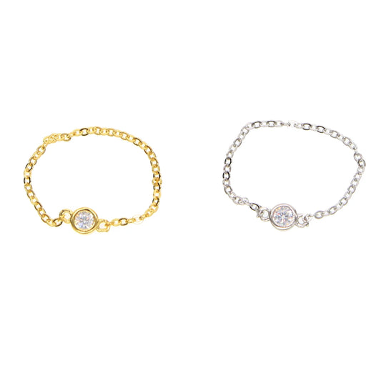 delicate dainty chain rings 100% 925 sterling silver single stone cz sparking simple women girl #5-#8 silver chain cz ring