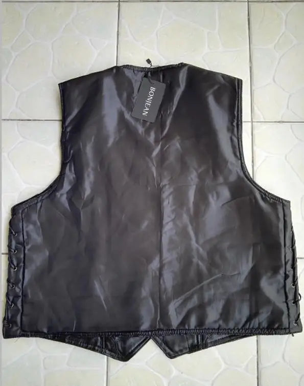 BONJEAN Brand Mens Side Laces Adjustable Black Leather Motorcycle Vest MC Biker Vests Soft Sheepskin US S-4XL