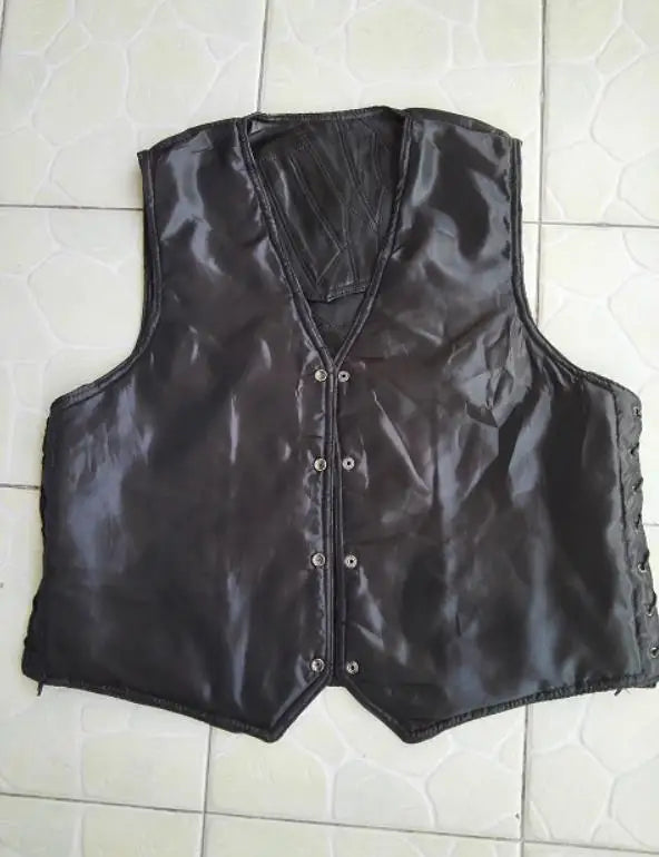 BONJEAN Brand Mens Side Laces Adjustable Black Leather Motorcycle Vest MC Biker Vests Soft Sheepskin US S-4XL