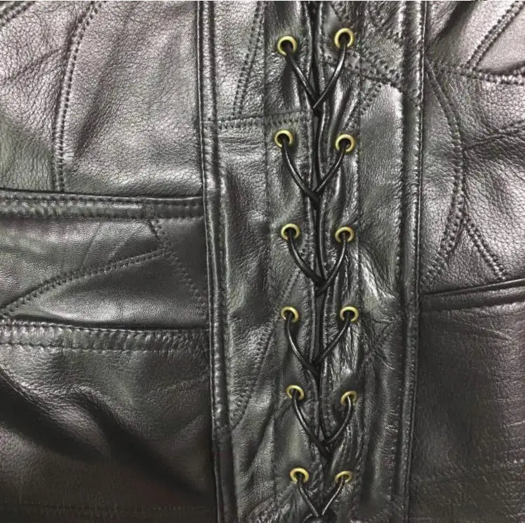 BONJEAN Brand Mens Side Laces Adjustable Black Leather Motorcycle Vest MC Biker Vests Soft Sheepskin US S-4XL