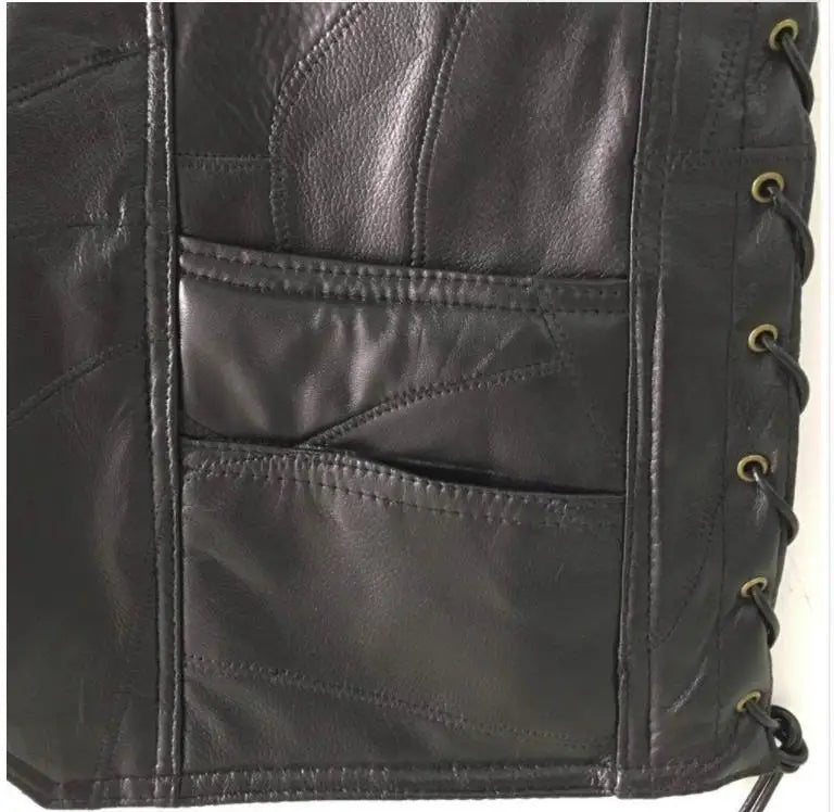 BONJEAN Brand Mens Side Laces Adjustable Black Leather Motorcycle Vest MC Biker Vests Soft Sheepskin US S-4XL