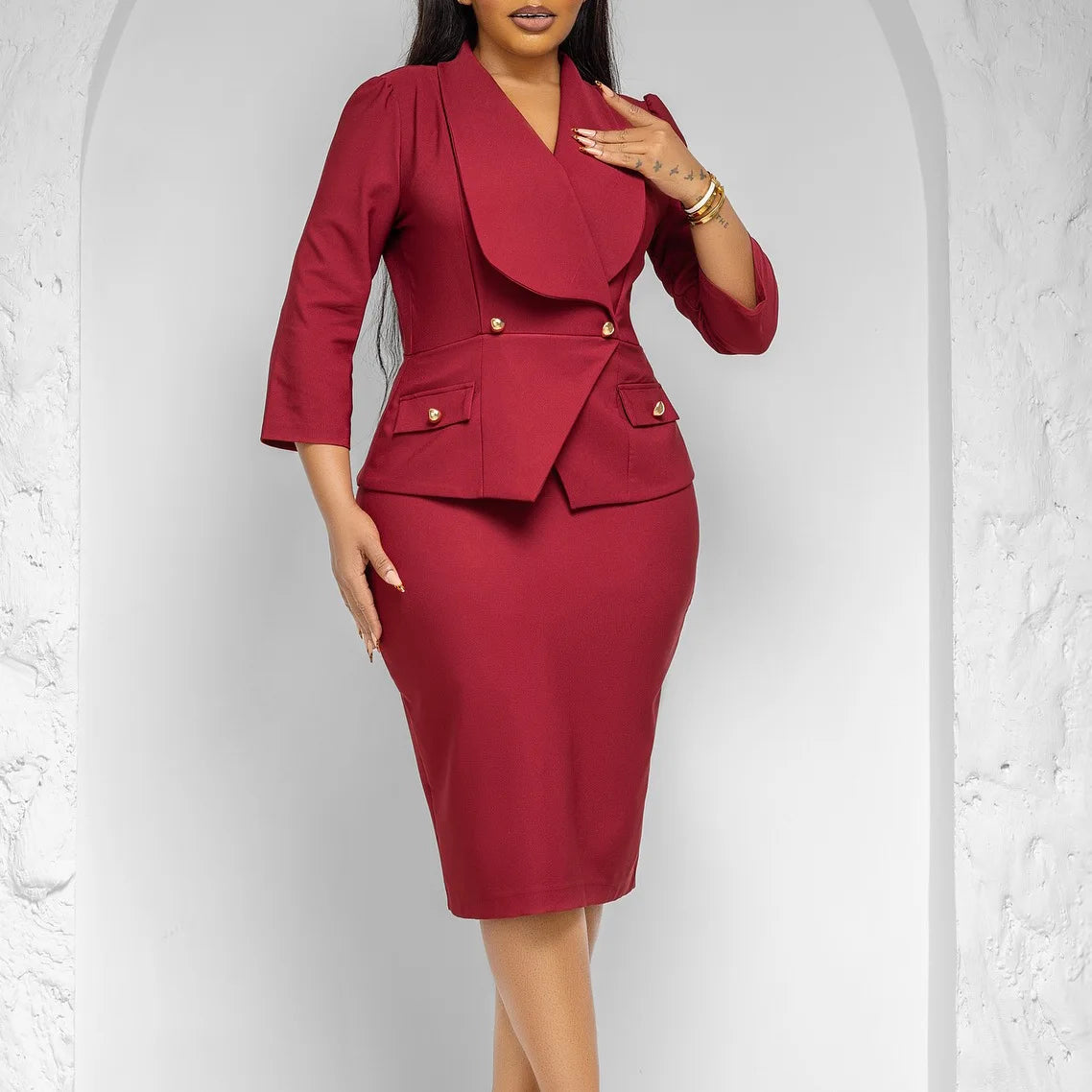 D604 Custom LOGO Career Dresses Big Collar 3/4 Sleeve Slim Waist Office Lady Dress Elegant African Dresses for Women Clothing