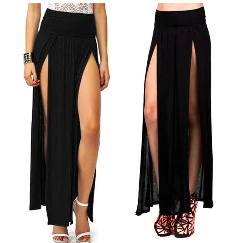 Womens High Waist Sexy Double Slit Front Open Knit Maxi Long Skirt Solid Color Pleated Irregular Hem Beach Dress Bikini Cover Up