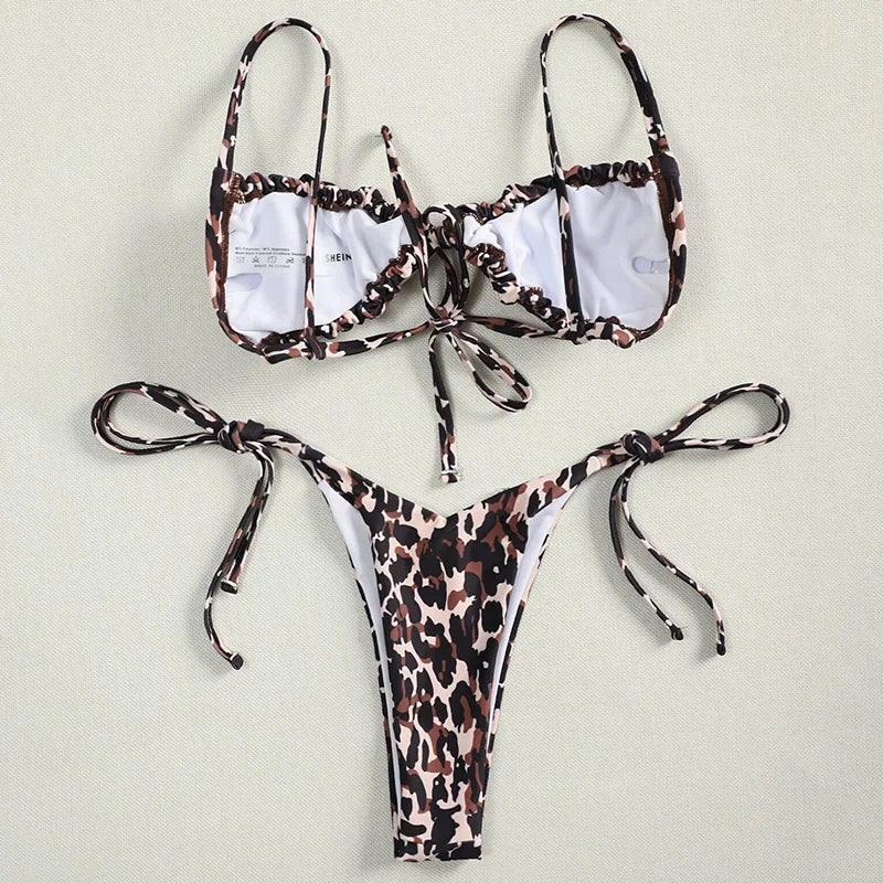 Sexy Printed Ruffled Frilled Thong Bikini Women Swimwear Female Swimsuit Two Pieces Bikini set Micro String Bathing Suit Swim