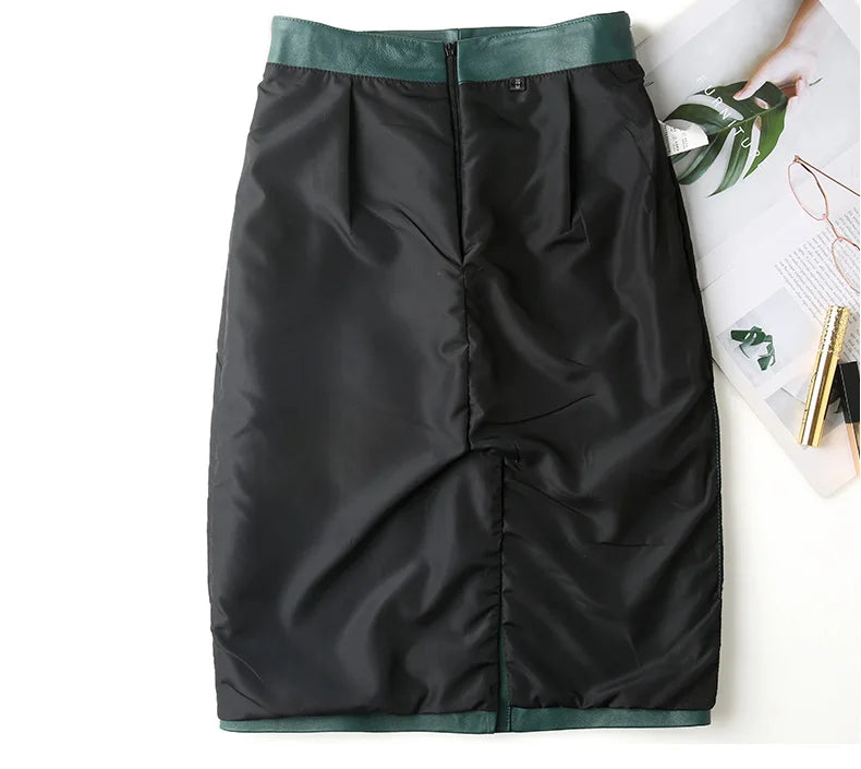 Women Lace-up Genuine Leather Skirt Female Winter Pure Sheep Skin Knee Length Saias With Belt Feminina Neat Stitches Wrap Jupe