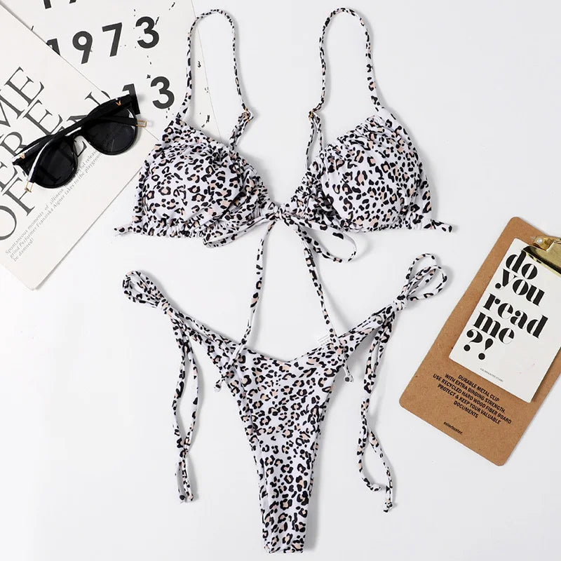 Sexy Printed Ruffled Frilled Thong Bikini Women Swimwear Female Swimsuit Two Pieces Bikini set Micro String Bathing Suit Swim