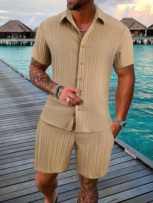2023 European American Cross-Border Summer Men's Print Shirt Shorts Beach Set Casual Loose Short Sleeve