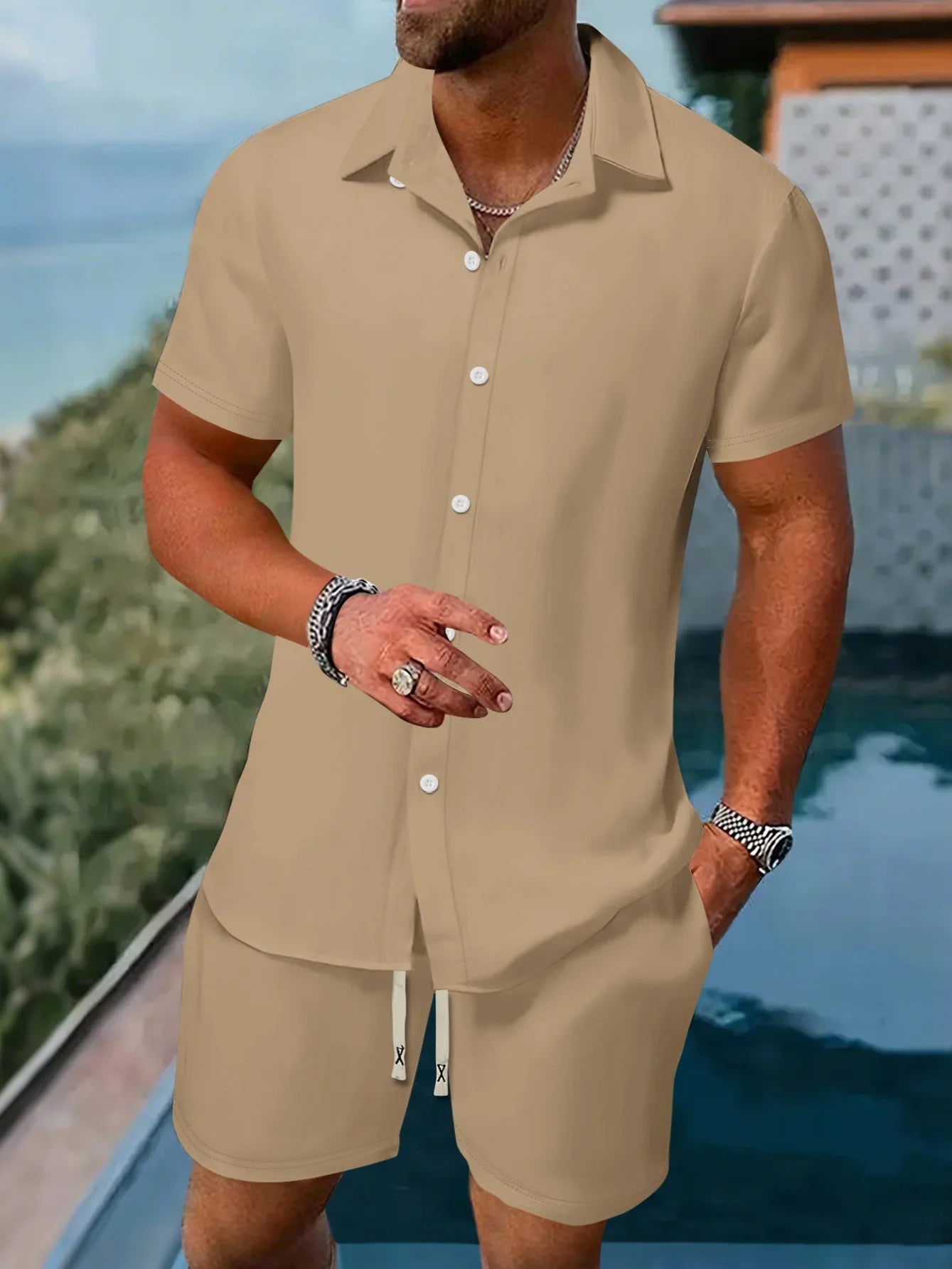 Combining Fashion Sense and comfort Suitable for Multiple Scenes Men's Short Sleeve Shirt Set