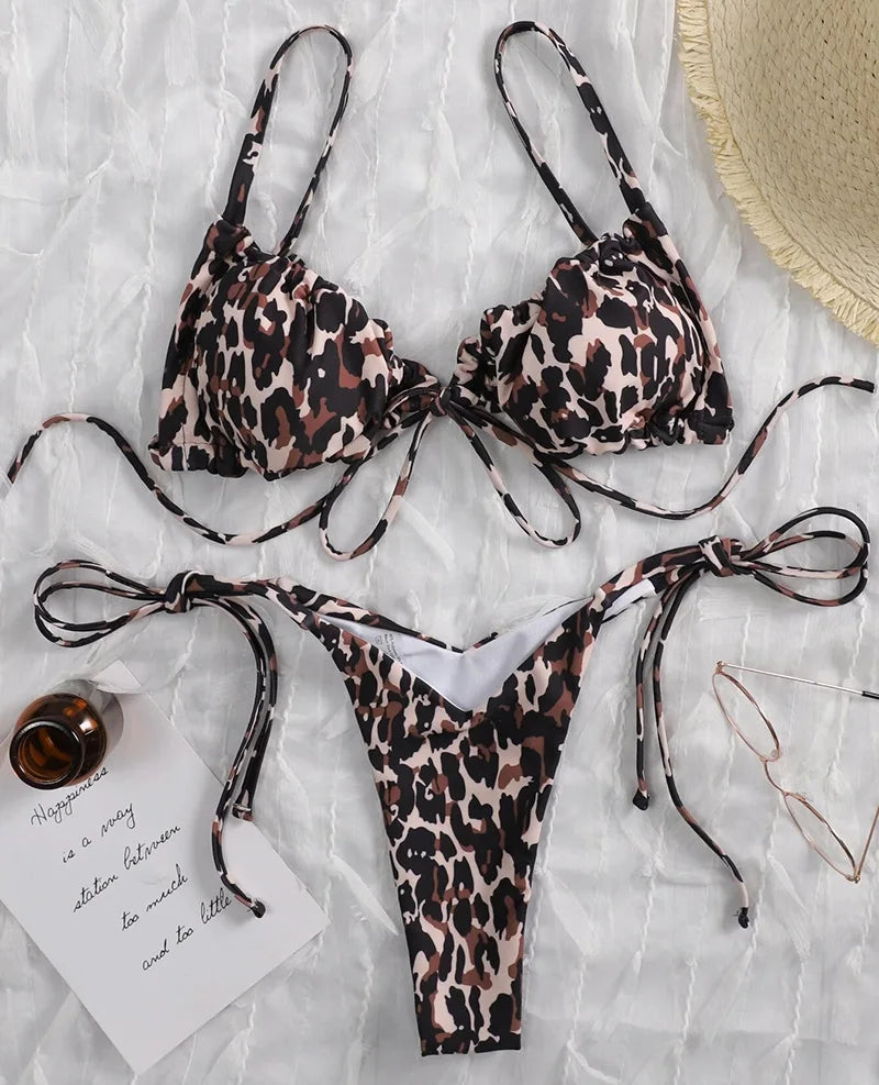 Sexy Printed Ruffled Frilled Thong Bikini Women Swimwear Female Swimsuit Two Pieces Bikini set Micro String Bathing Suit Swim