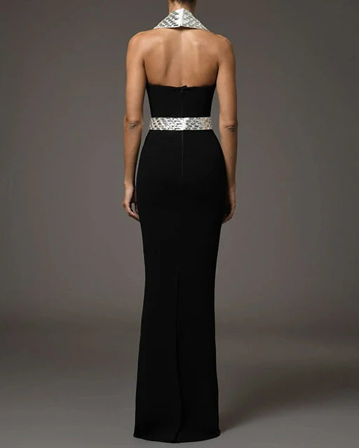 Women Celebrity Sexy Halter Diamonds Black Maxi Bodycon Bandage Dress Elegant Evening Club Party Outfit Luxury Birthday Dress