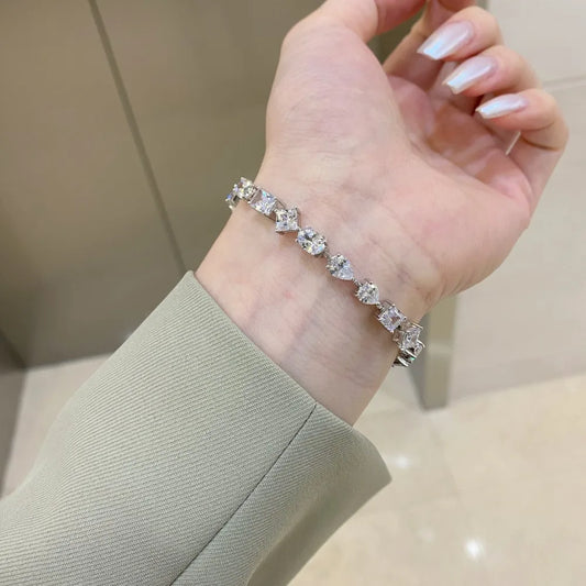 Rhodium Plated 925 Silver White Bright Heart Emerald Oval Pear Zircon Hip Hop Tennis Chain Hand Jewelry 16-18cm Women Bracelet