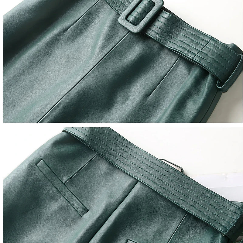 Women Lace-up Genuine Leather Skirt Female Winter Pure Sheep Skin Knee Length Saias With Belt Feminina Neat Stitches Wrap Jupe