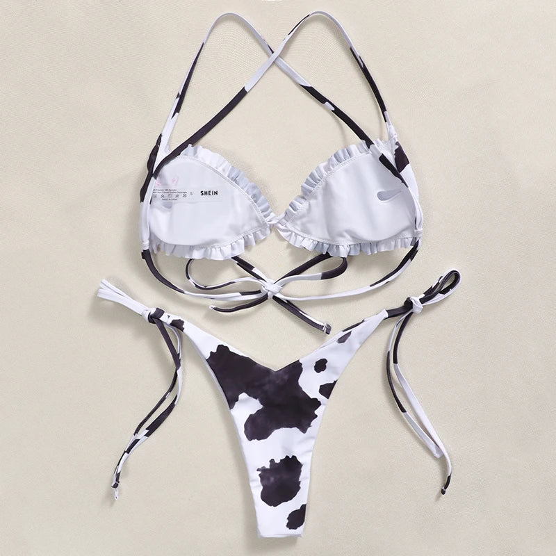 Sexy Printed Ruffled Frilled Thong Bikini Women Swimwear Female Swimsuit Two Pieces Bikini set Micro String Bathing Suit Swim