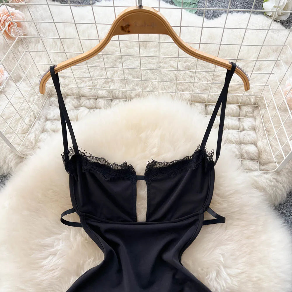 Summer Sexy Slit Hip Midi Dress For Women Empire Hollow Out Backless Lace Dress