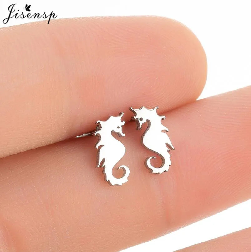 Multiple Tiny Stainless Steel Animal Earrings for Women Cute Hummingbird Fish Seahorse Wolf Earings Jewelry Accessory Gift