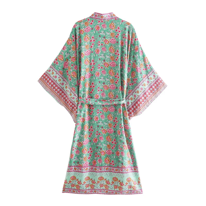 Happie Queens Vintage Floral Print Sashes Women Bohemian V Neck Batwing Sleeves  Happie Blouses  Robe Kimono Cover-ups