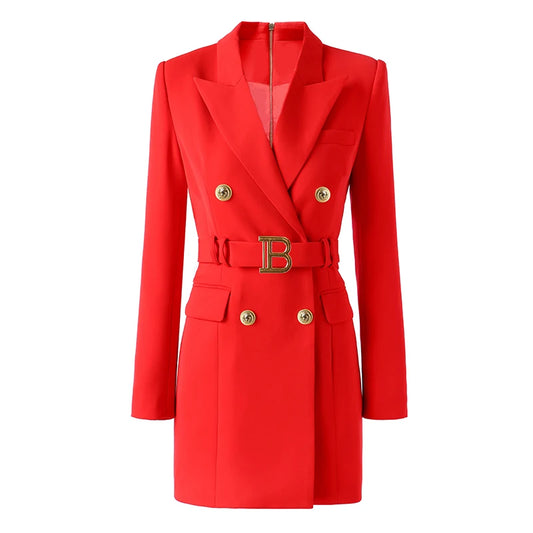 Quality Women Red Blazer Dress With Belt Double Breasted Buttons Chic for Party