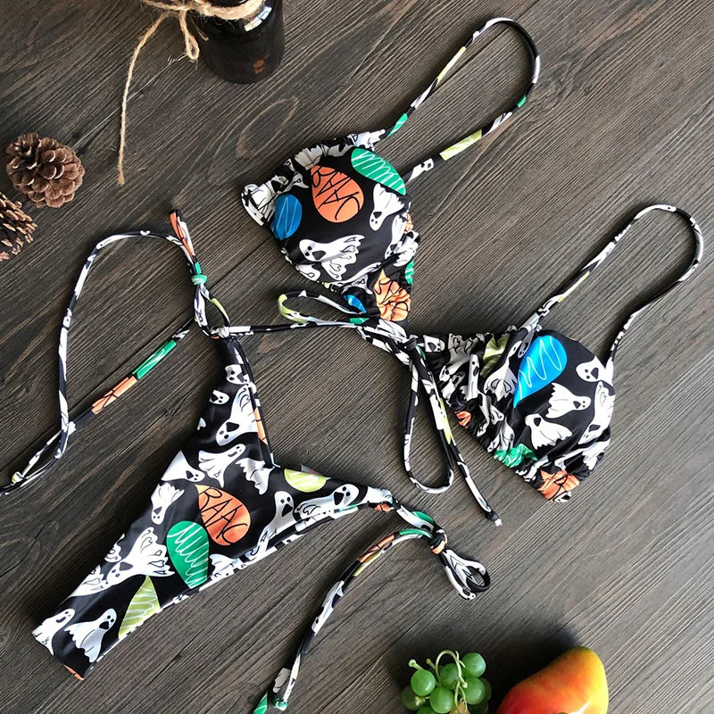 Sexy Printed Ruffled Frilled Thong Bikini Women Swimwear Female Swimsuit Two Pieces Bikini set Micro String Bathing Suit Swim